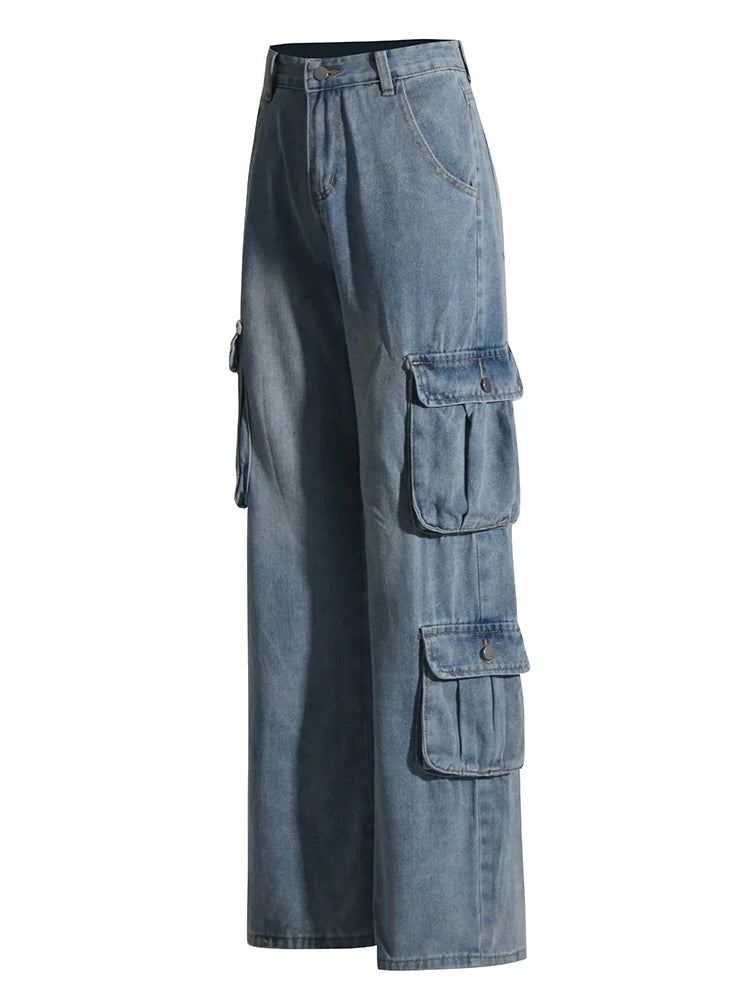 Spliced Pockets Minimalist Denim Wide Leg Pants For Women High Waist Patchwork Button Loose Casual Jeans Female New