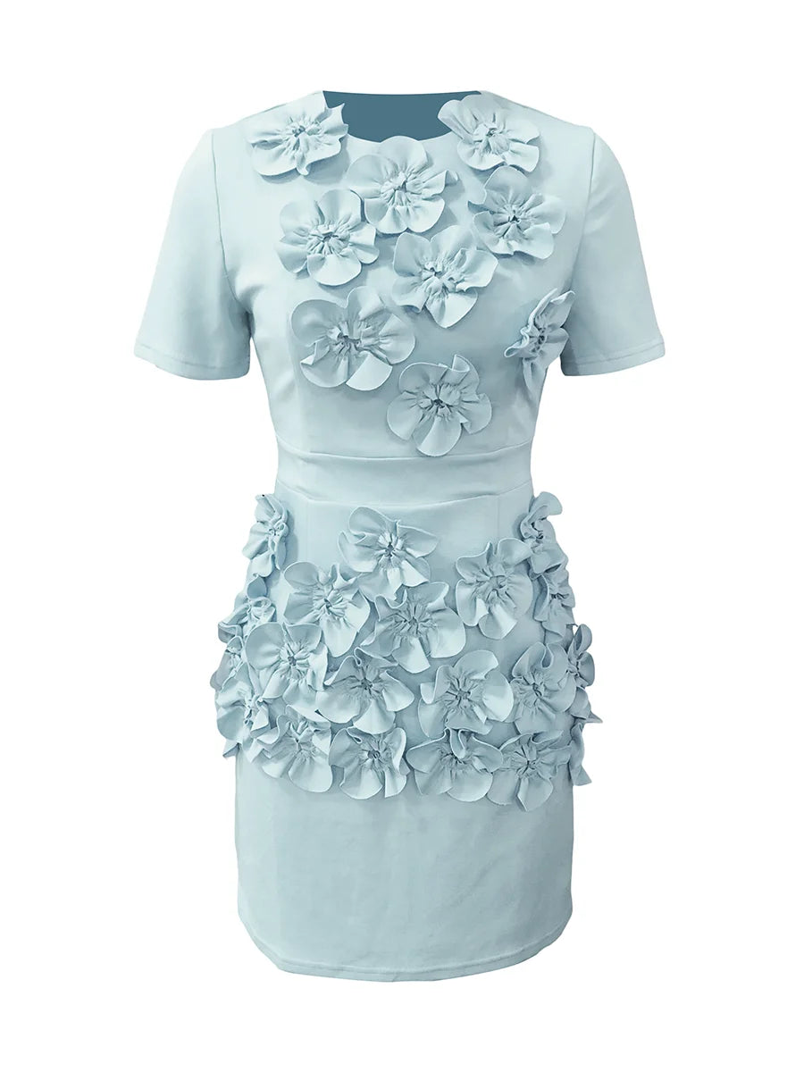 Solid Spliced Appliques Slimming Dresses For Women O Neck Short Sleeve High Waist Temperament Dress Female Fashion