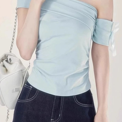 Load image into Gallery viewer, Women Vintage Skew Collar Cropped Tees Y2k Aesthetic Summer Bodycon Pleated T Shirts 2025 Harajuku Fairy Solid Bow Grunge Tops
