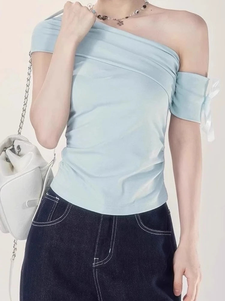 Women Vintage Skew Collar Cropped Tees Y2k Aesthetic Summer Bodycon Pleated T Shirts 2025 Harajuku Fairy Solid Bow Grunge Tops