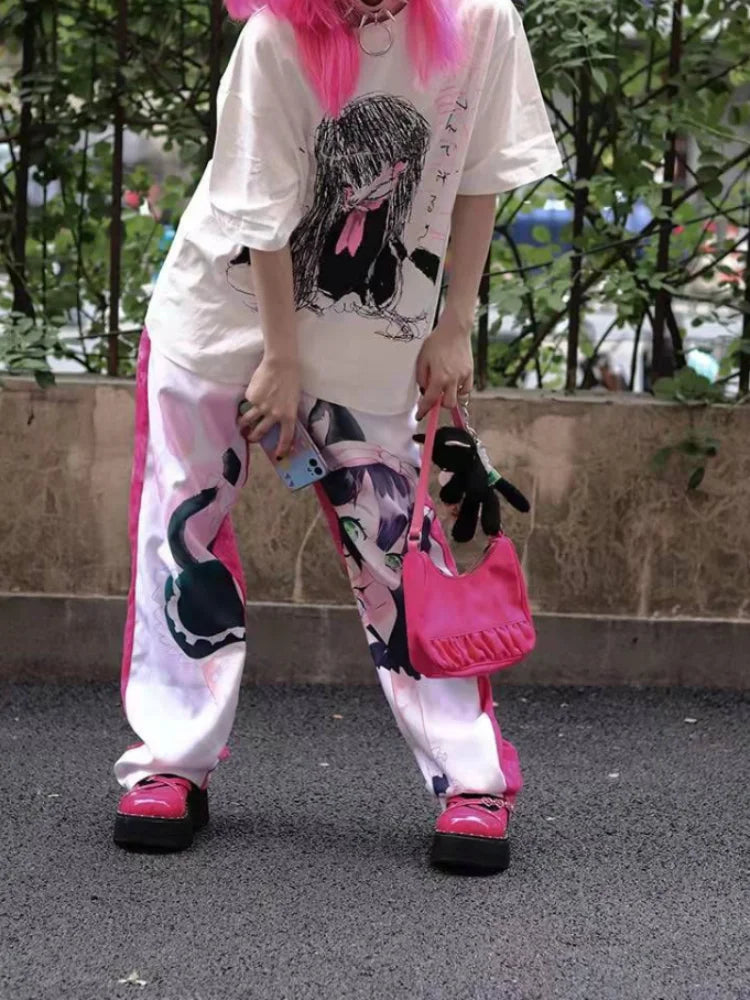 Kawaii Cute Japanese Loose Cartoon Print T-shirt Casual O Neck 2025 Summer Tops Women Short Sleeve Y2k Aesthetic All Match Tees