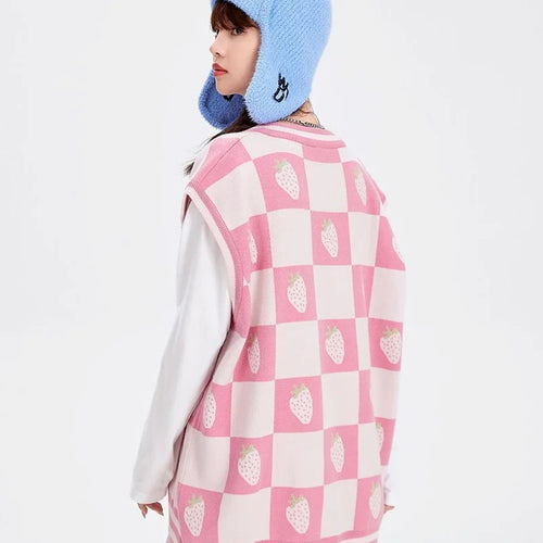 Load image into Gallery viewer, Sweet Pink Plaid V-Neck Sleeveless Knitted Sweater Vest Women Y2k Strawberry Waistcoat Spring Autumncute Vests Tops
