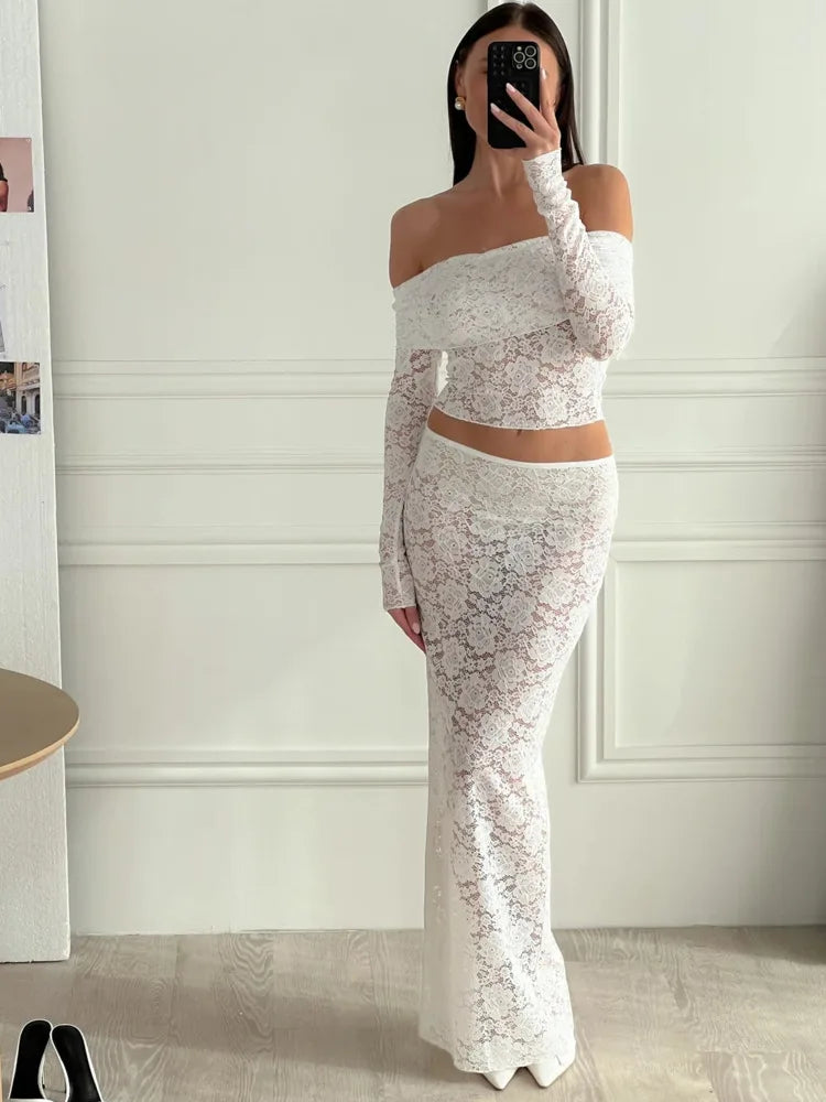 Elegant Lace Patchwork Long Sleeved Two Piece Set Women Slim Fit One Line Neck Top Tight Long Skirt Set Party Clubwear