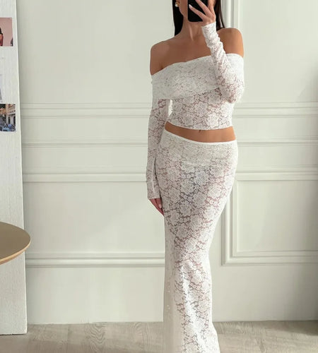 Elegant Lace Patchwork Long Sleeved Two Piece Set Women Slim Fit One Line Neck Top Tight Long Skirt Set Party Clubwear