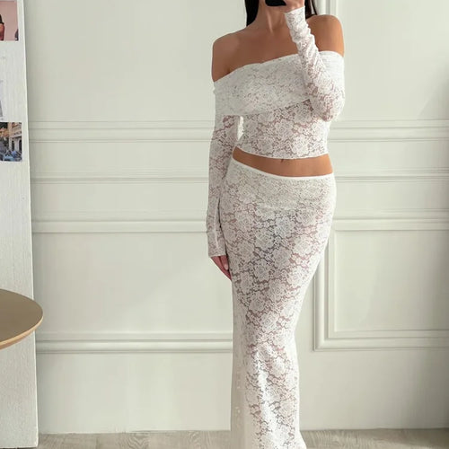 Load image into Gallery viewer, Elegant Lace Patchwork Long Sleeved Two Piece Set Women Slim Fit One Line Neck Top Tight Long Skirt Set Party Clubwear
