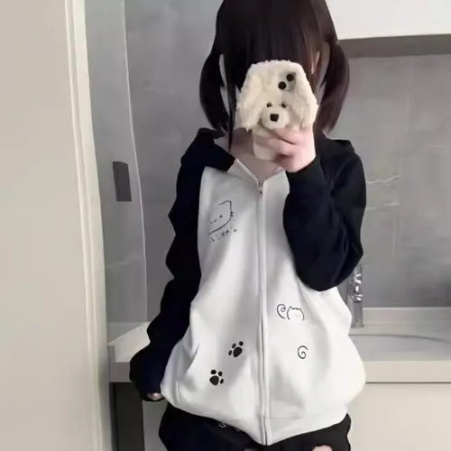 Load image into Gallery viewer, Y2k Japanese Hoodies Women Contrast Color Cute Y2k Tops 2024 Ropa Mujer Cat Print Casual Sweatshirts Anime Zipper Hooded Hoodie
