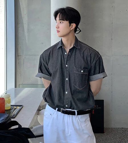 Men's Shirts Short Sleeve New Korean Simple Denim Top Casual Turn-down Collar Single Breasted Tredny Male Clothing 9W1821