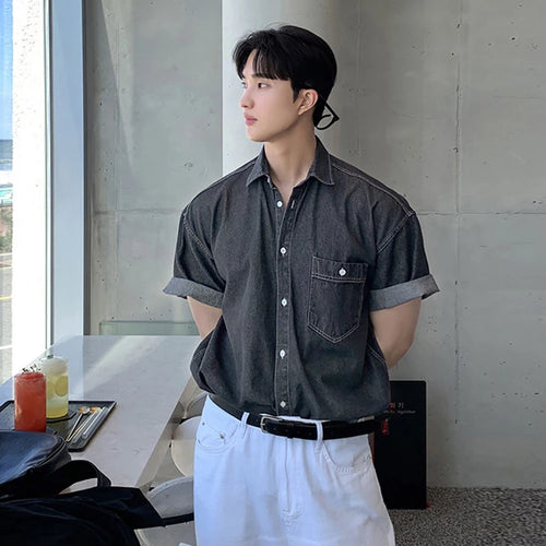 Load image into Gallery viewer, Men's Shirts Short Sleeve New Korean Simple Denim Top Casual Turn-down Collar Single Breasted Tredny Male Clothing 9W1821
