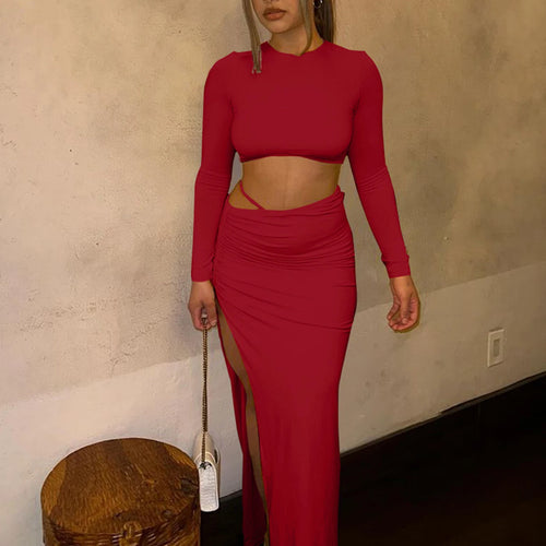 Load image into Gallery viewer, Women Fashion 2 Pcs Sets Long Sleeve Sexy Slim Crop T-Shirt Slit Ruched Maxi Skirt Fall Outfits Birthday Party Festival
