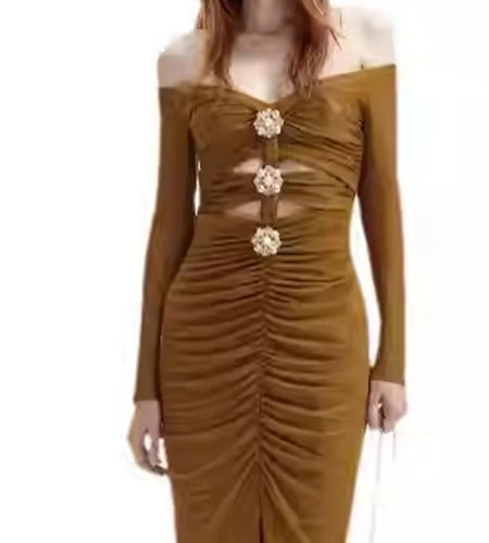 Slimming Hollow Out Spliced Bead Dresses for Women Slash Neck Long Sleeves Patchwork Folds Dress Female Clothes New