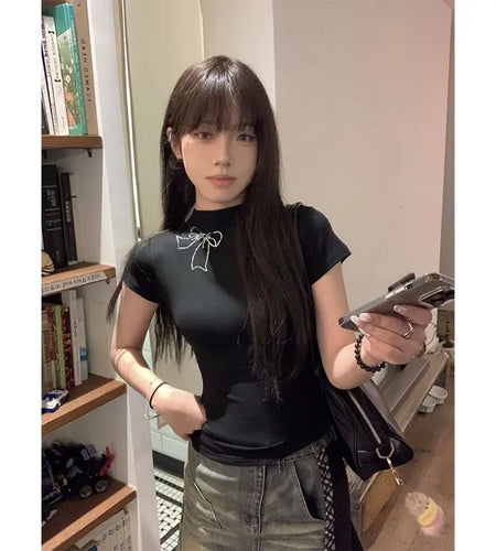 Women Clothing Black Tshirts Fashion Slim Fit Summer Tees Y2k Tops Short Sleeve Half High Collar Diamond Bow Fashion T Shirts