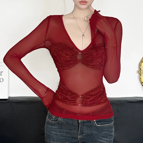 Load image into Gallery viewer, Fairy Coquette Top y2k Clothes Women Sheer See Through V Neck Flared Long Sleeve Lace T Shirt 2000s Clothing Streetwear
