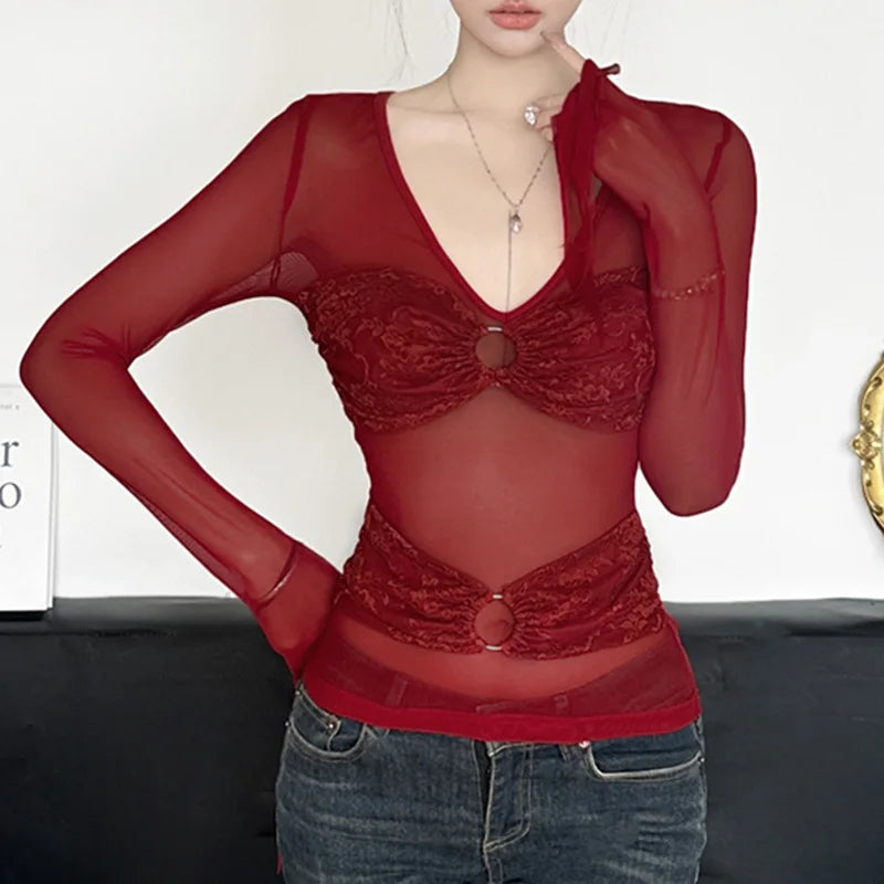 Fairy Coquette Top y2k Clothes Women Sheer See Through V Neck Flared Long Sleeve Lace T Shirt 2000s Clothing Streetwear