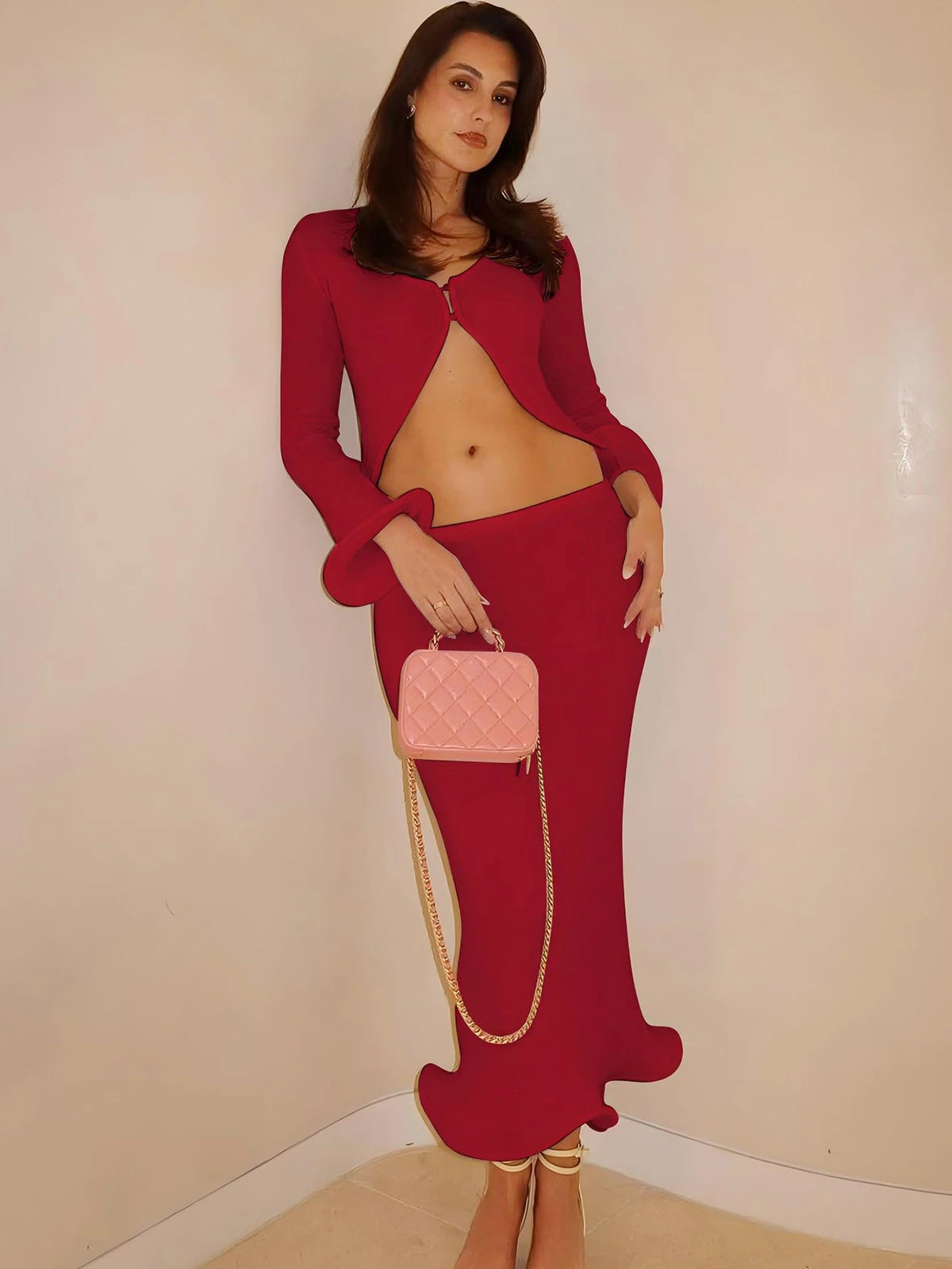 Ribbed 2 Pcs Matching Sets Solid Flare Sleeve Buttons Sexy Slim Crop Top Maxi Skirt Fall Y2K Outfits Birthday Festival