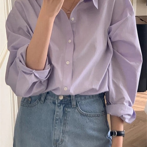 Load image into Gallery viewer, Spring Purple Women Shirt Korean Style Solid Color Drop Sleeves Loose Chic Fashion Female Shirts Simple Casual Shirts
