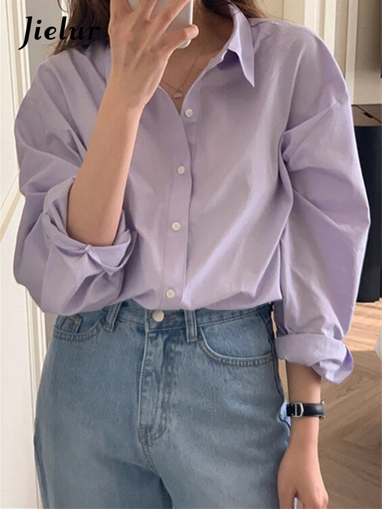 Spring Purple Women Shirt Korean Style Solid Color Drop Sleeves Loose Chic Fashion Female Shirts Simple Casual Shirts