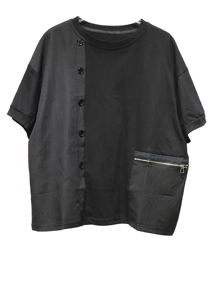 Women Black Zipper Pocket Irregular Big Size T-shirt New Round Neck Short Sleeve Fashion Tide Spring Summer 2025  1DJ0561