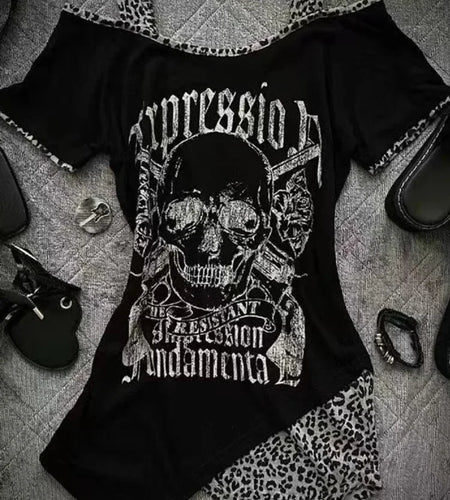 Y2k Aesthetics Irregular Leopard Patchwork Vintage T-shirt Streetwear Skull Printing Tshirt Harajuku Slim Fit Fairy Grunge Tops