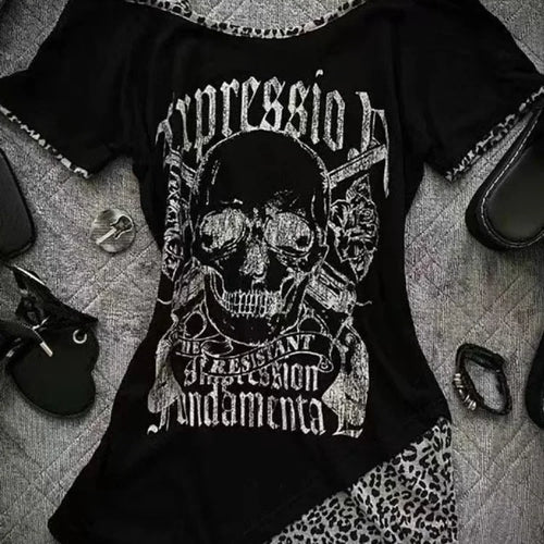 Load image into Gallery viewer, Y2k Aesthetics Irregular Leopard Patchwork Vintage T-shirt Streetwear Skull Printing Tshirt Harajuku Slim Fit Fairy Grunge Tops
