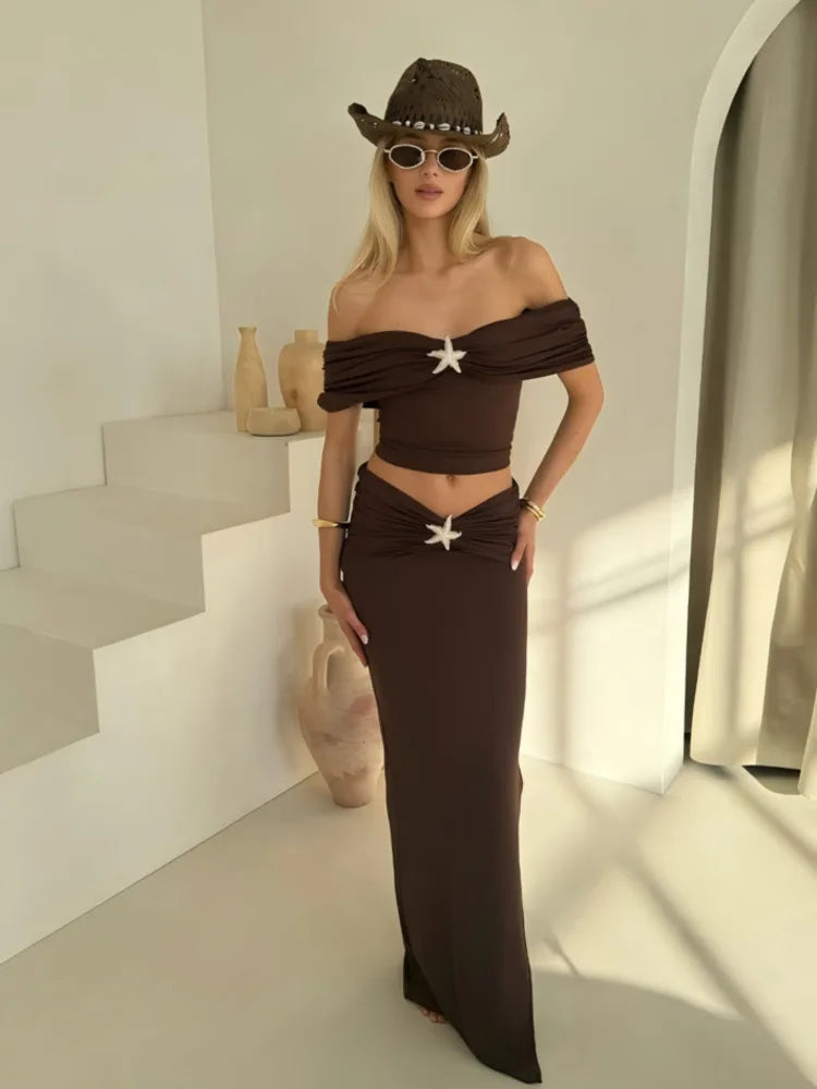 Sleeveless Sexy Skirt Two Pieces Sets Women Off-shoulder Crop Tops And Elegant Thigh Split Long Skirt Two Pieces Sets