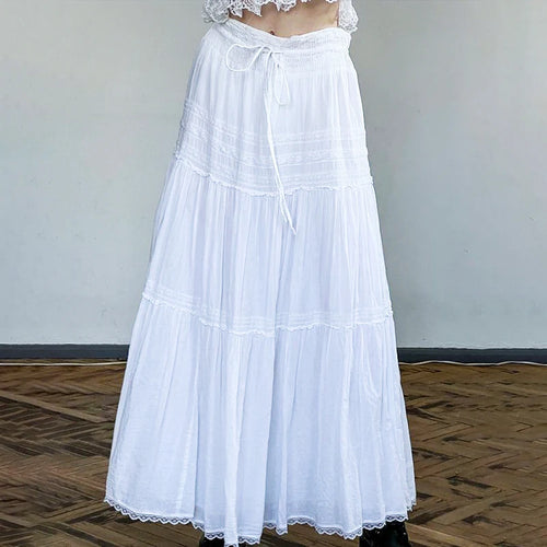 Load image into Gallery viewer, Chic Boho Vacation White Maxi Skirt Loose Low Waist Fashion Lace Trim Folds Female Skirt Long Tie Up Fairycore Bottom
