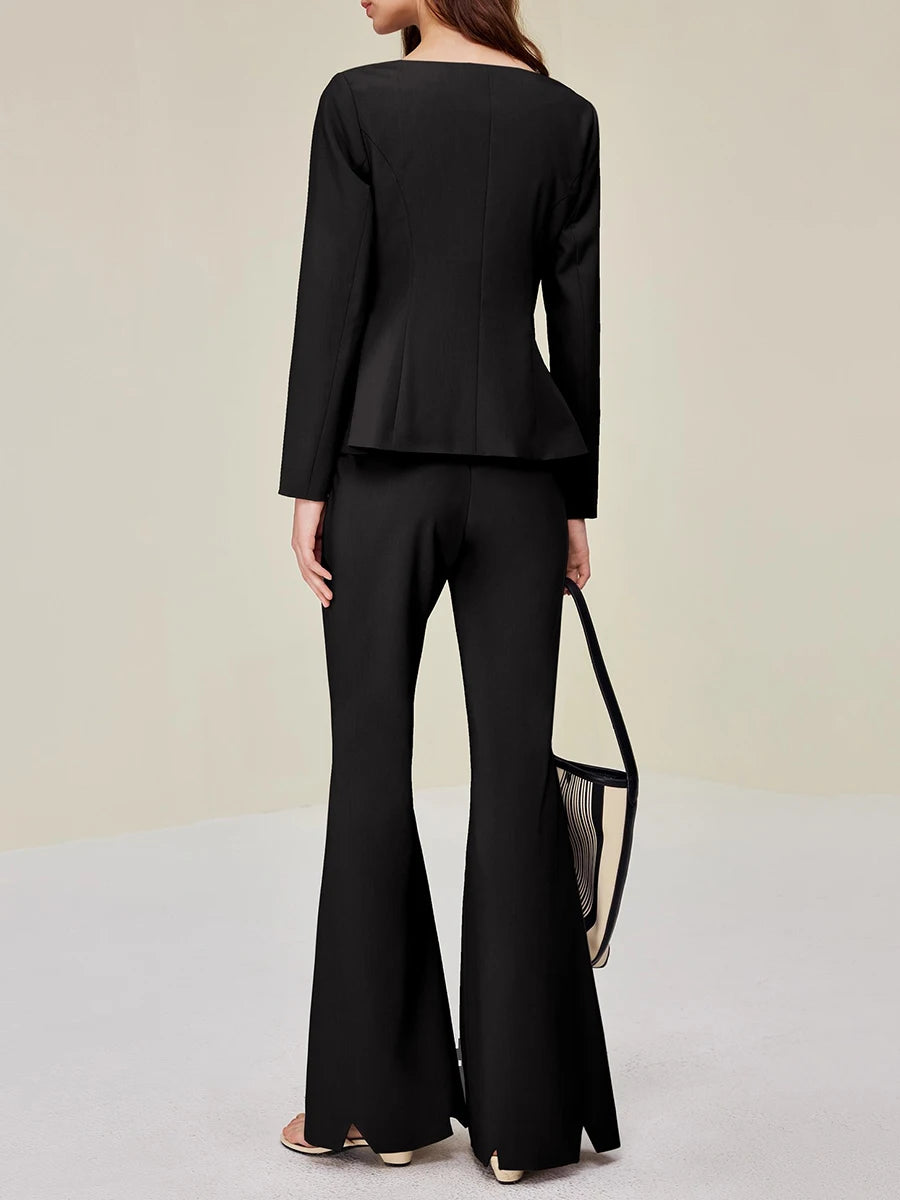 Solid Slimming Two Piece Sets for Women V Neck Long Sleeves Irregular Top High Waist Pant Elegant Set Female New