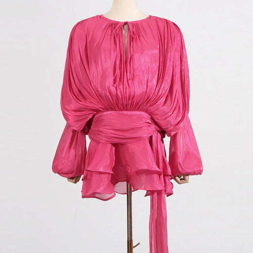 Load image into Gallery viewer, Solid Spliced Lace Up Mini Dresses For Women O Neck Long Sleeve High Waist Designer Dress Female Fashion Style New
