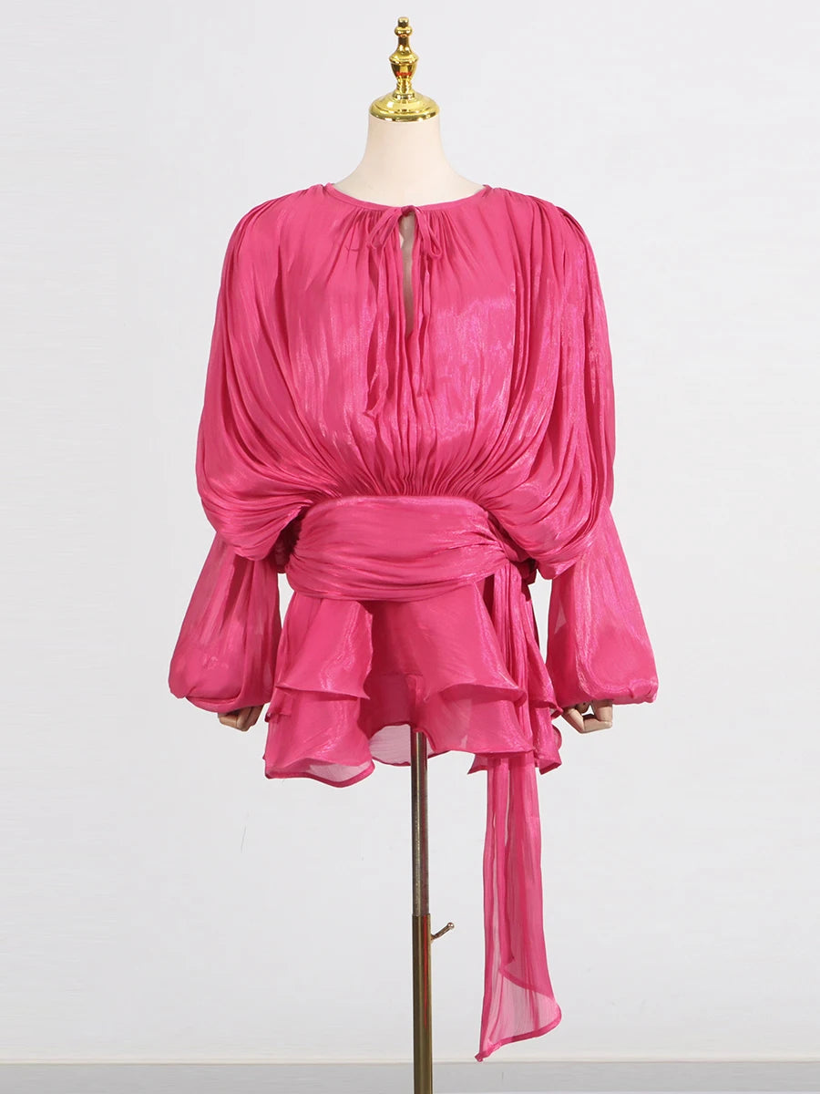 Solid Spliced Lace Up Mini Dresses For Women O Neck Long Sleeve High Waist Designer Dress Female Fashion Style New