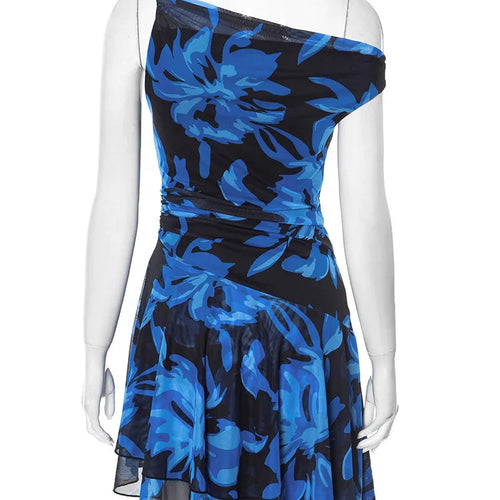 Load image into Gallery viewer, Blue Print Ruffled Sexy Mini Dress For Women Robe Irregular Oblique Shoulder Sleeveless Backless Club Party Dress Beach

