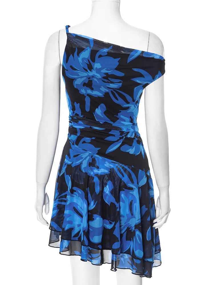 Blue Print Ruffled Sexy Mini Dress For Women Robe Irregular Oblique Shoulder Sleeveless Backless Club Party Dress Beach