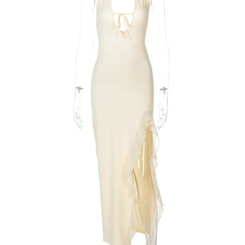 Load image into Gallery viewer, Ruffle Sexy V-neck Backless Sleeveless Lace-up Thigh Split Patchwork Maxi Dress For Women Slim Party Evening  Dress
