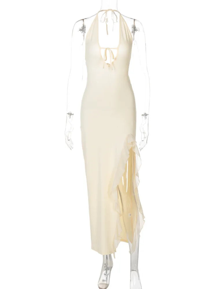 Ruffle Sexy V-neck Backless Sleeveless Lace-up Thigh Split Patchwork Maxi Dress For Women Slim Party Evening  Dress