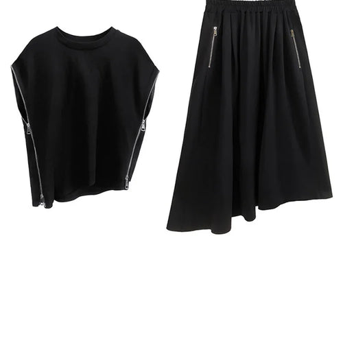 Load image into Gallery viewer, Black Zipper T-shirt Half-body Skirt Two Pieces Suit New Round Neck Short Sleeve Women Fashion Spring Summer 2025 1DJ0167
