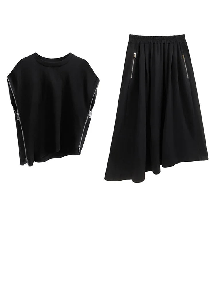 Black Zipper T-shirt Half-body Skirt Two Pieces Suit New Round Neck Short Sleeve Women Fashion Spring Summer 2025 1DJ0167