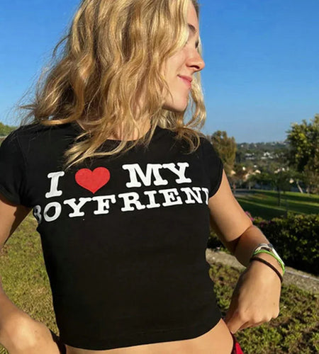 Summer Fashion I LOVE MY BOYFRIEND Girls Cotton Crop Tee Short Sleeve Women's T-Shirt Casual Comfortable Top