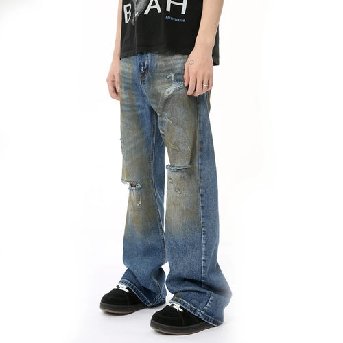 Load image into Gallery viewer, High Street Male Hole Denim Pants New Worn-out Contrast Color Boot Cut Slimming Loose Men‘s Jeans Summer Trendy 9C6680
