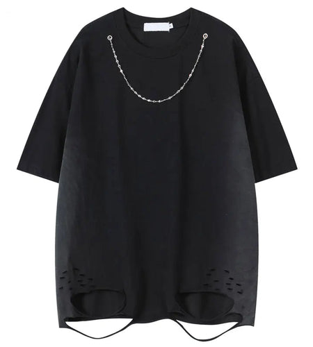 Vintage Tshirt Grunge Y2K with Chain Solid Ripped Holes Oversize Streetwear T-Shirts Hip Hop Punk Gothic Baggy Short Sleeve Tops