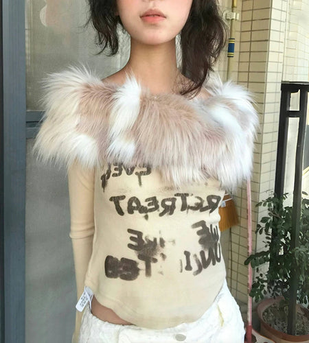 Japanese Y2k Fur Collar Tops 2000s Aesthetics Off Shoulder Knit T-shirts Vintage Harajuku Letter Print Long Sleeve Tops