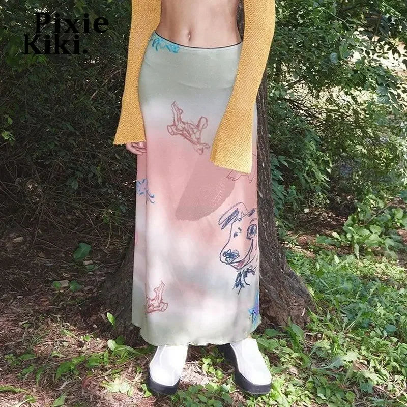 Y2k Style Long Maxi Skirts for Woman Cute Core Cartoon Gradient Pink Print Summer Skirt Women Clothing 2023 P33-BE17