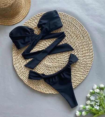 Sexy Bandeau Bikini Set Women Swimwear 2024 Hollow Out Brazilian Swimsuit Female Bandage Bathing Suit