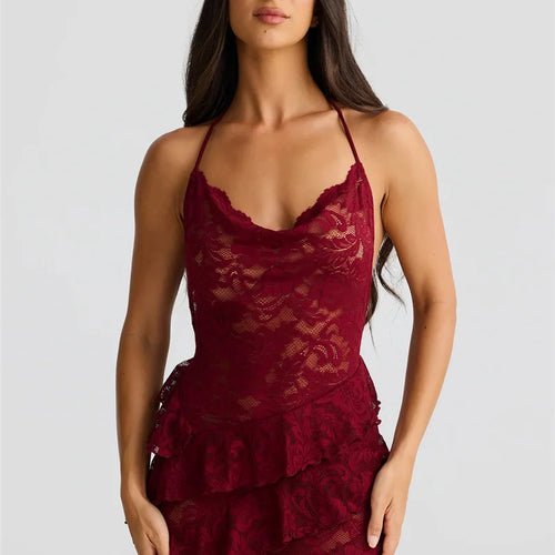 Load image into Gallery viewer, Lace Backless Sexy Maxi Dress Women Gown Halter Lace-up Sleeveless Bodycon Elegant Ruffle Beach Club Long Dress 2025
