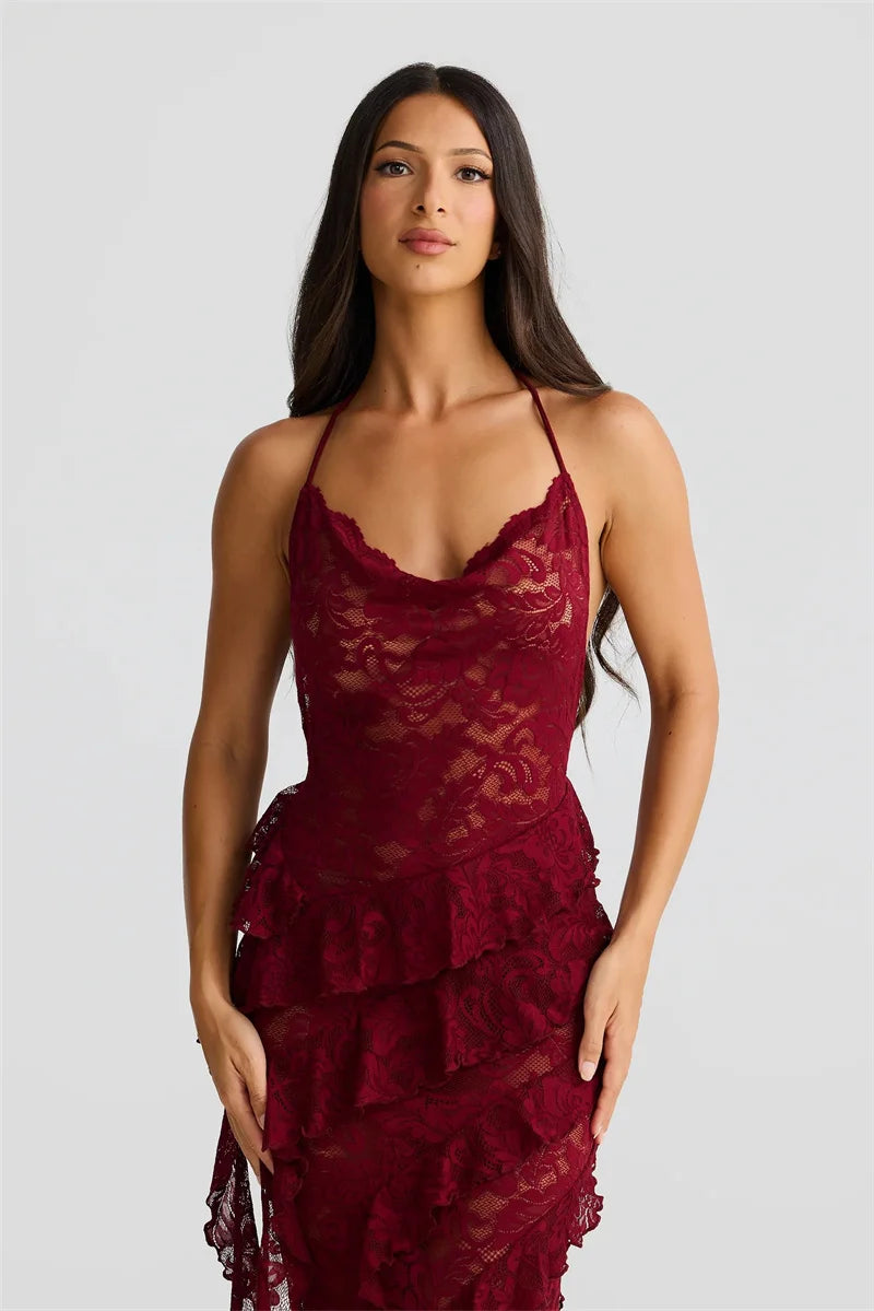 Lace Backless Sexy Maxi Dress Women Gown Halter Lace-up Sleeveless Bodycon Elegant Ruffle Beach Club Long Dress 2025