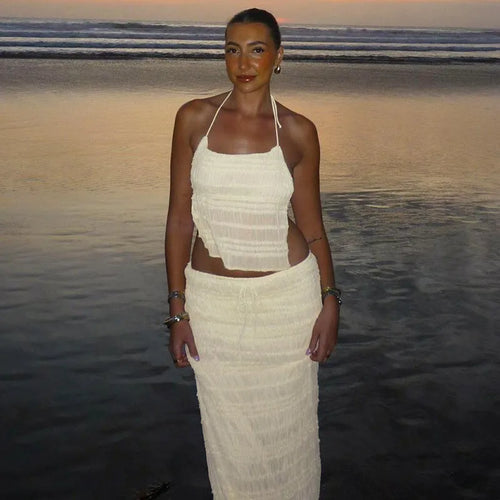 Load image into Gallery viewer, Chiffon Lace Sexy Skirt Two Piece Sets Women Halter Crop Tops And Maxi Skirt Ladies Fashion Woman Long Dress Set
