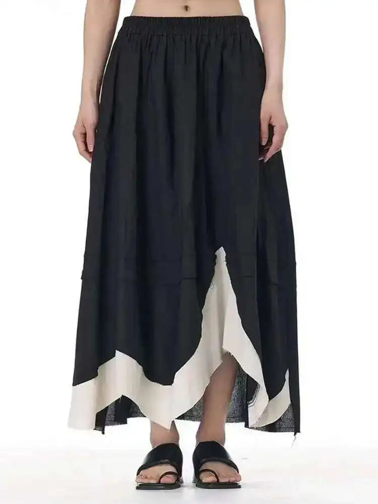 High Elastic Waist Apricot Color-block Irregular Hem A-line Skirt Women Fashion Tide New Spring Autumn 2025 1DH9961