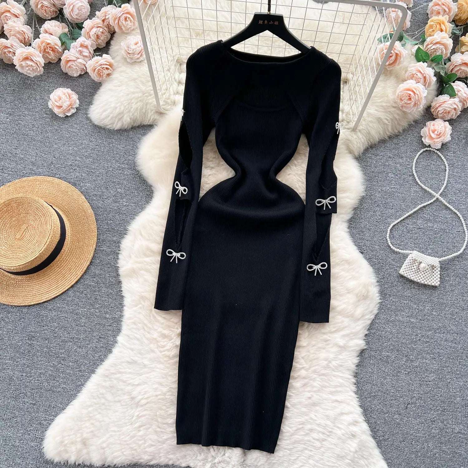 Women Retro Chic Elegant Bow Hollow Long Sleeve Bodycon Dress Sexy Fashion Knit Slim Hip Wrap Sweater Dress Vestidos Autumn New