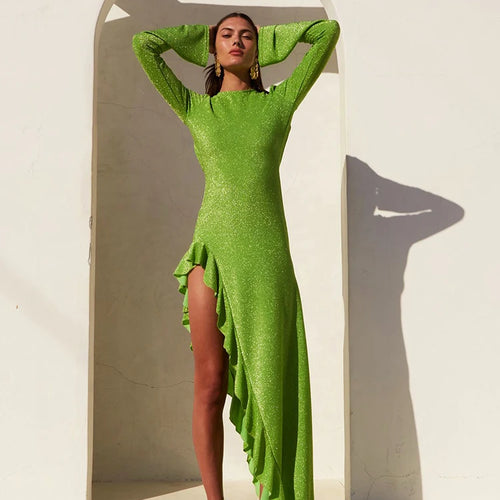 Load image into Gallery viewer, Glitter Thigh High Split Sexy Maxi Dress For Women Gown O Neck Long Sleeve Backless Ruffled Shiny Long Dress Gown
