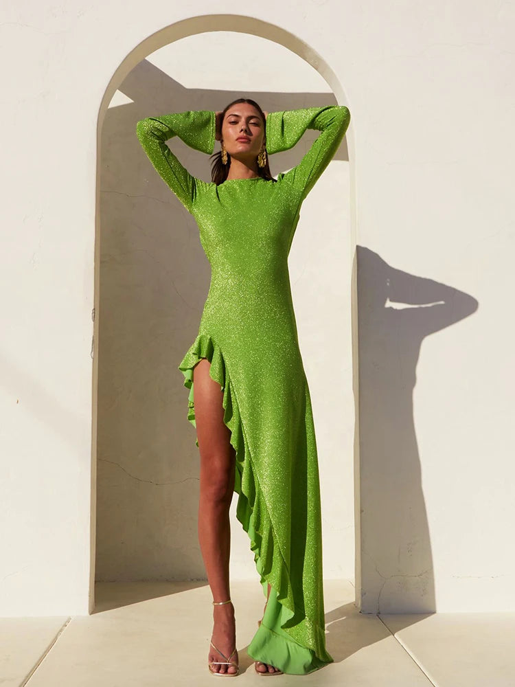 Glitter Thigh High Split Sexy Maxi Dress For Women Gown O Neck Long Sleeve Backless Ruffled Shiny Long Dress Gown
