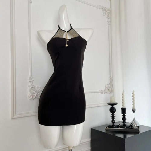 Load image into Gallery viewer, Summer 2024 Black Patchwork Lace Sleeveless Backless Elegant Sexy Club Halter Short Dress Women Festival Hollow Out  Party Dress
