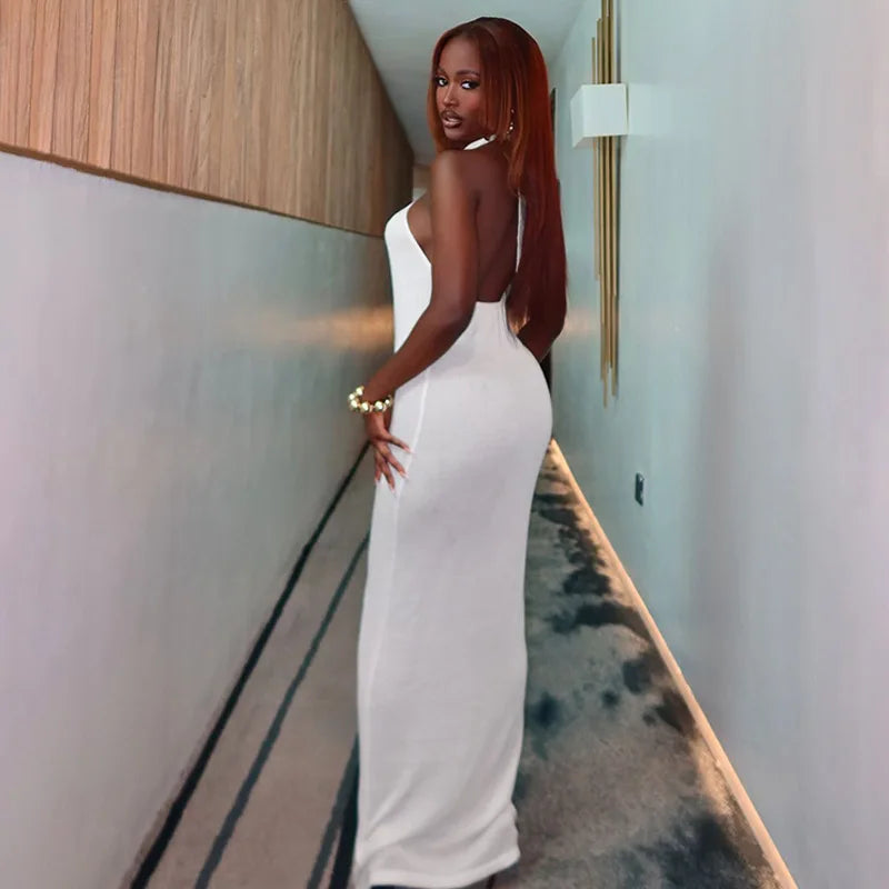 Halter Hollow Out Sexy Maxi Dress For Women Gown Fashion Off-shoulder Sleeveless Backless Bodycon Beach Club Dress