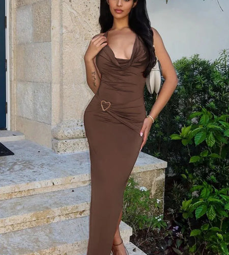 Deep V Neck Ruched Split Sexy Maxi Dress Women Elegant Metal Ring Sleeveless Backless High Waist Long Dress 2025